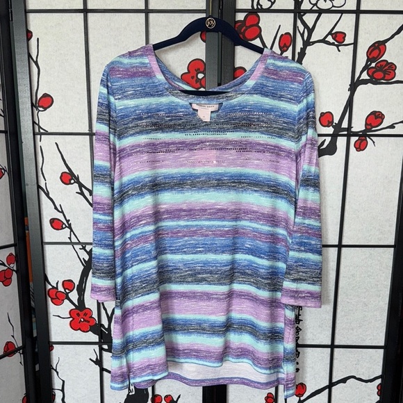 1X Plus Womens Multicolor Gemstones Striped Womens Blouse Top - Picture 1 of 6